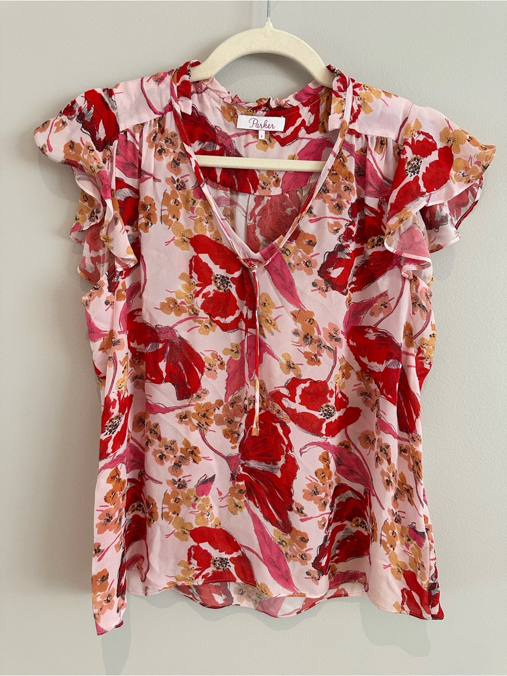 Parker 100% Silk Exie Blouse Red Pink Floral Flutter Sleeve Size Small